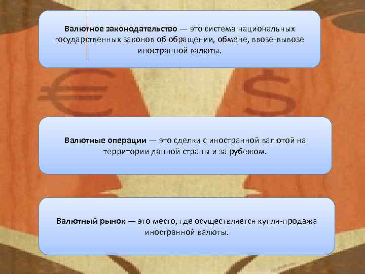 Валютное законодательство — это система национальных государственных законов об обращении, обмене, ввозе-вывозе иностранной валюты.