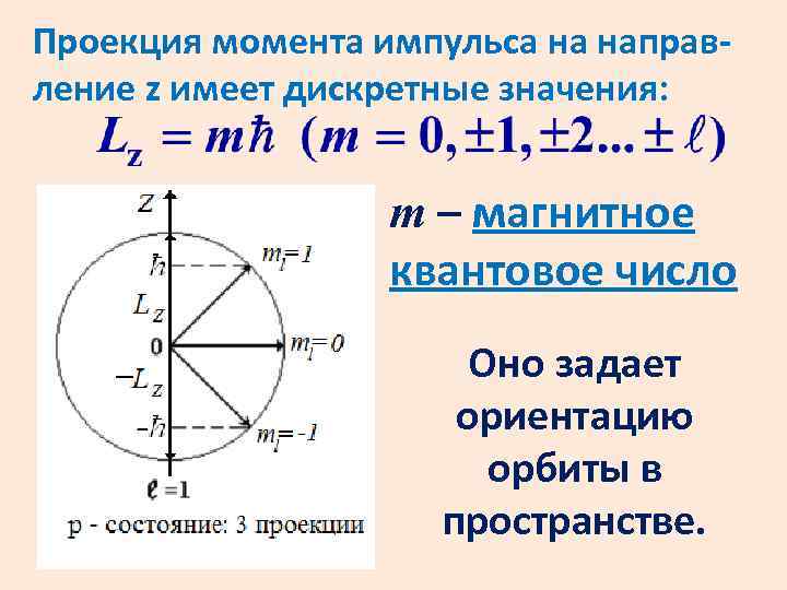 Проекция момента импульса на направление z имеет дискретные значения: m – магнитное квантовое число