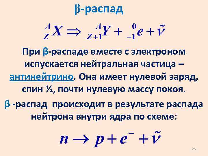 β-распад При β-распаде вместе с электроном испускается нейтральная частица – антинейтрино. Она имеет нулевой