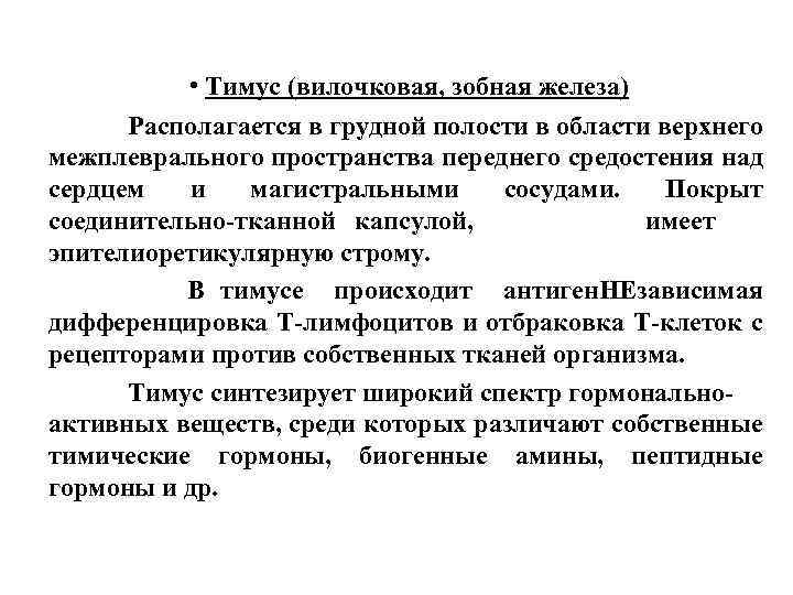  • Тимус (вилочковая, зобная железа) Располагается в грудной полости в области верхнего ТИМУС