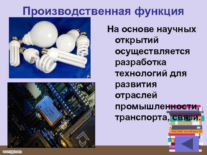 Производственная функция На основе научных открытий осуществляется разработка технологий для развития отраслей промышленности, транспорта,