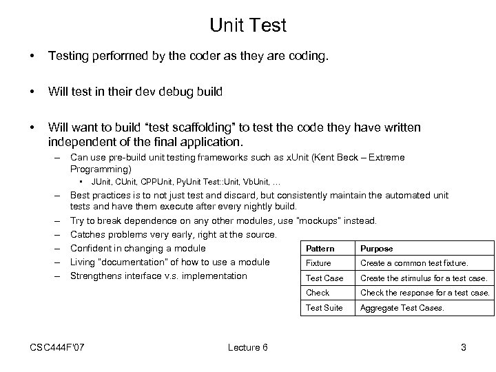 Unit Test • Testing performed by the coder as they are coding. • Will