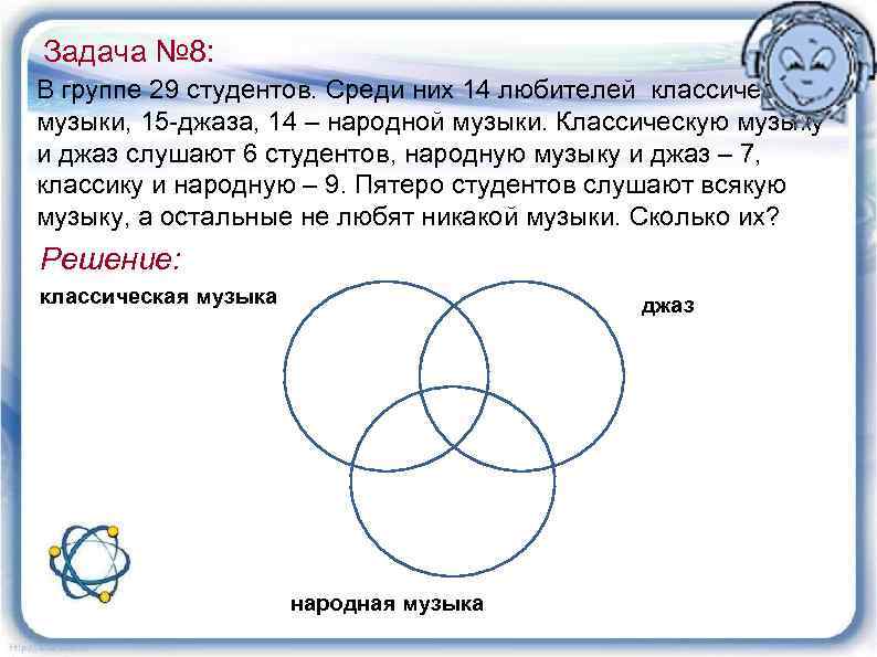 Задача № 8: В группе 29 студентов. Среди них 14 любителей классической музыки, 15