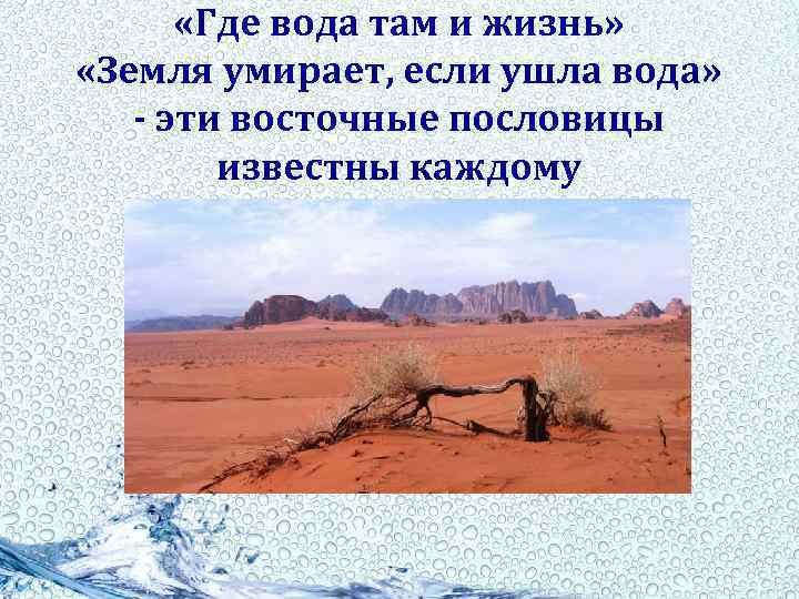 «Где вода там и жизнь» «Земля умирает, если ушла вода» - эти восточные
