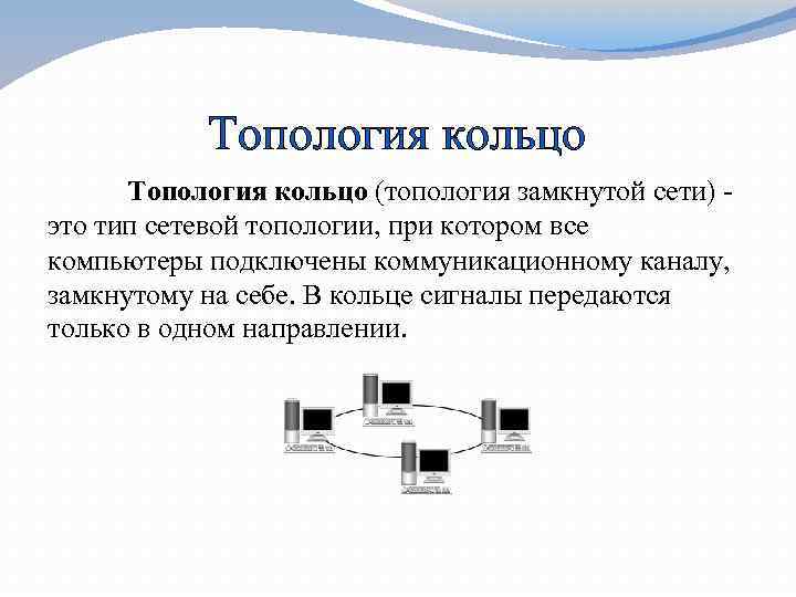 Топология кольцо (топология замкнутой сети) это тип сетевой топологии, при котором все компьютеры подключены