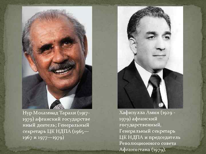 Нур Мохаммад Тараки (19171979) афганский государстве нный деятель; Генеральный секретарь ЦК НДПА (1965— 1967