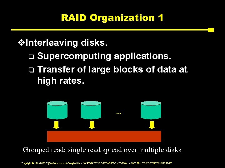 RAID Organization 1 v. Interleaving disks. q Supercomputing applications. q Transfer of large blocks
