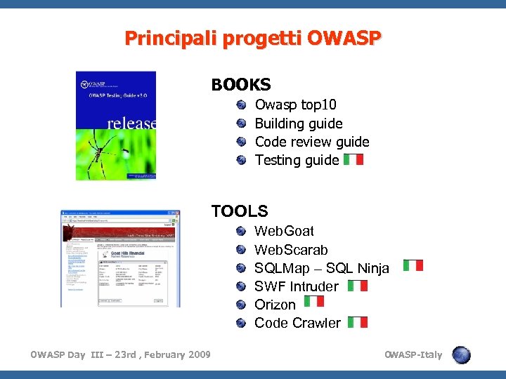 Principali progetti OWASP BOOKS Owasp top 10 Building guide Code review guide Testing guide