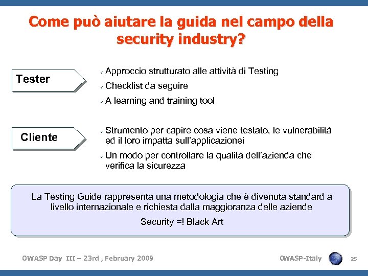 Come può aiutare la guida nel campo della security industry? Cliente Approccio strutturato alle