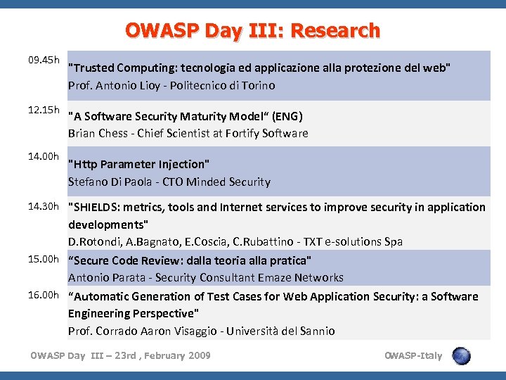 OWASP Day III: Research 09. 45 h 12. 15 h 14. 00 h 