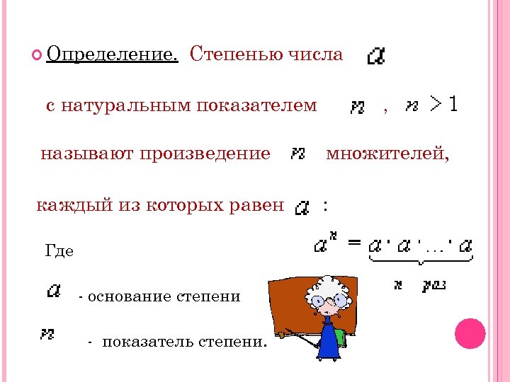  Определение. Степенью числа с натуральным показателем , называют произведение множителей, каждый из которых
