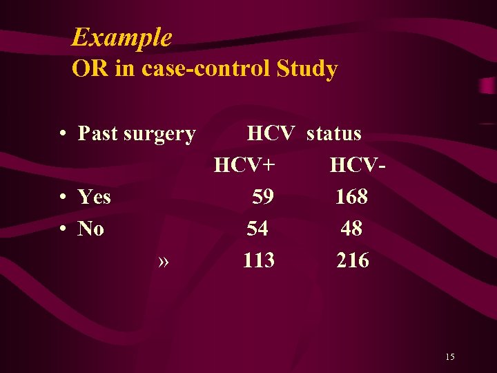 Example OR in case-control Study • Past surgery • Yes • No » HCV