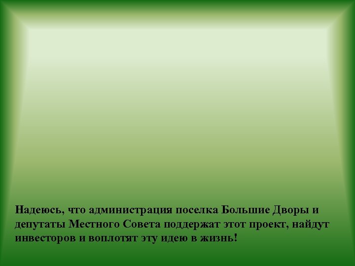Надеюсь, что администрация поселка Большие Дворы и депутаты Местного Совета поддержат этот проект, найдут