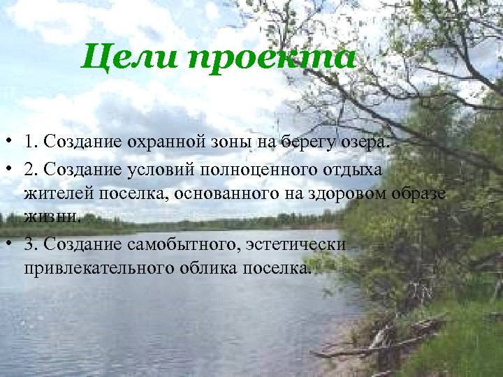 Цели проекта • 1. Создание охранной зоны на берегу озера. • 2. Создание условий