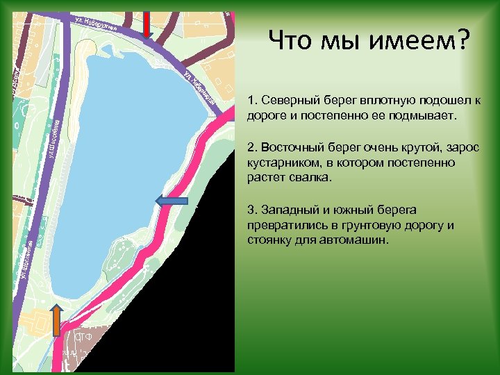 Что мы имеем? 1. Северный берег вплотную подошел к дороге и постепенно ее подмывает.