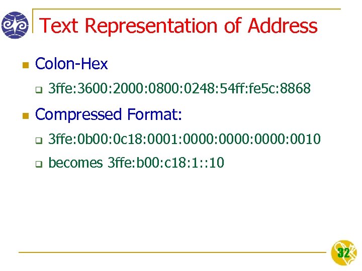 Text Representation of Address n Colon-Hex q n 3 ffe: 3600: 2000: 0800: 0248: