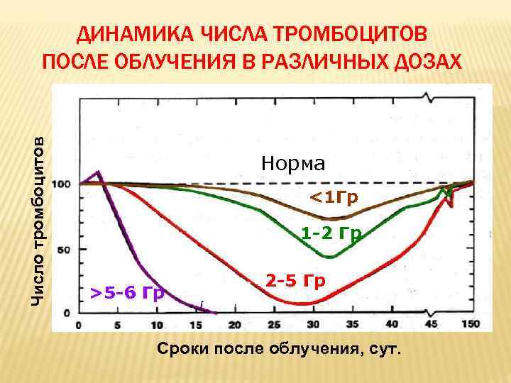 Число тромбоцитов ДИНАМИКА ЧИСЛА ТРОМБОЦИТОВ ПОСЛЕ ОБЛУЧЕНИЯ В РАЗЛИЧНЫХ ДОЗАХ Норма <1 Гр 1