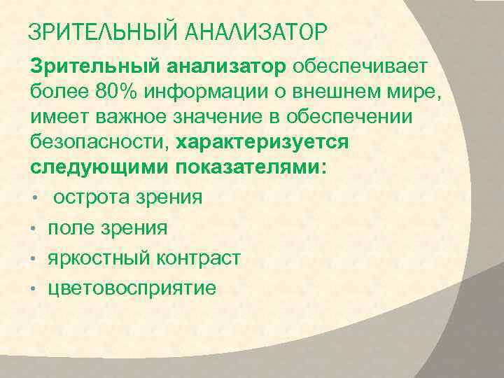 ЗРИТЕЛЬНЫЙ АНАЛИЗАТОР Зрительный анализатор обеспечивает более 80% информации о внешнем мире, имеет важное значение