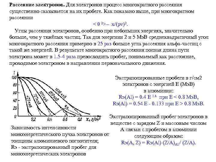 Рассеяние электронов. Пробег электронов в алюминии. Экстраполированный пробег электронов. Пробег электронов в веществе.