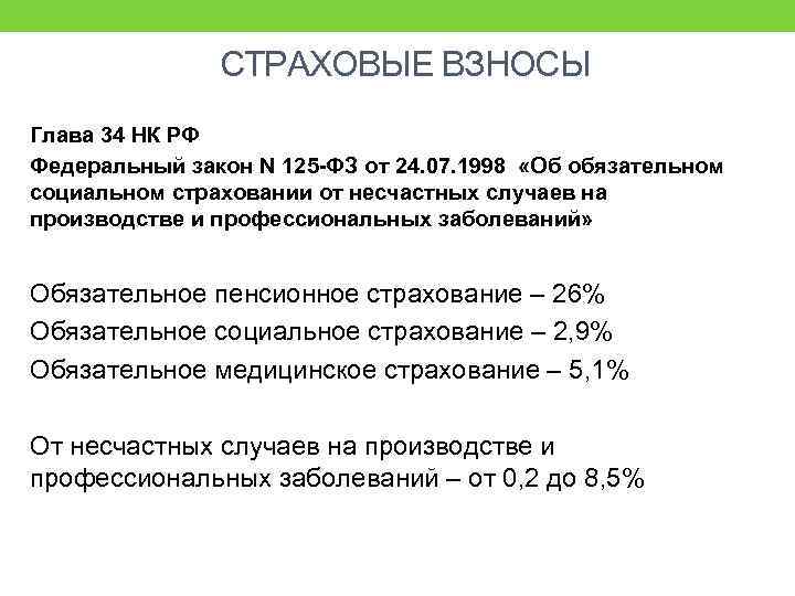 СТРАХОВЫЕ ВЗНОСЫ Глава 34 НК РФ Федеральный закон N 125 -ФЗ от 24. 07.
