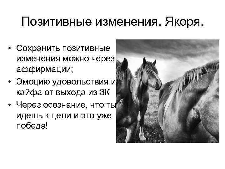 Позитивные изменения. Якоря. • Сохранить позитивные изменения можно через аффирмации; • Эмоцию удовольствия и