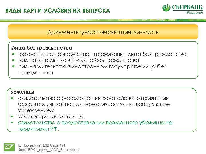 ВИДЫ КАРТ И УСЛОВИЯ ИХ ВЫПУСКА Документы удостоверяющие личность Лица без гражданства разрешение на