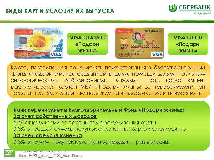 ВИДЫ КАРТ И УСЛОВИЯ ИХ ВЫПУСКА VISA CLASSIC «Подари жизнь» VISA GOLD «Подари жизнь»
