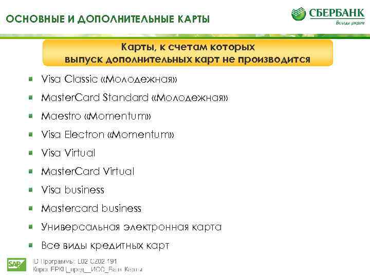 ОСНОВНЫЕ И ДОПОЛНИТЕЛЬНЫЕ КАРТЫ Карты, к счетам которых выпуск дополнительных карт не производится Visa