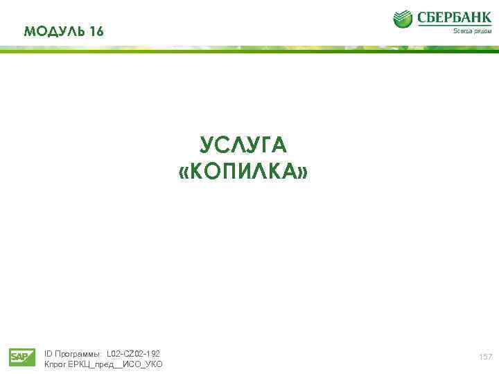 МОДУЛЬ 16 УСЛУГА «КОПИЛКА» ID Программы: L 02 -CZ 02 -192 Кпрог ЕРКЦ_пред__ИСО_УКО 157