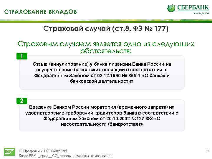 ТСТРАХОВАНИЕ ВКЛАДОВ Страховой случай (ст. 8, ФЗ № 177) Страховым случаем является одно из