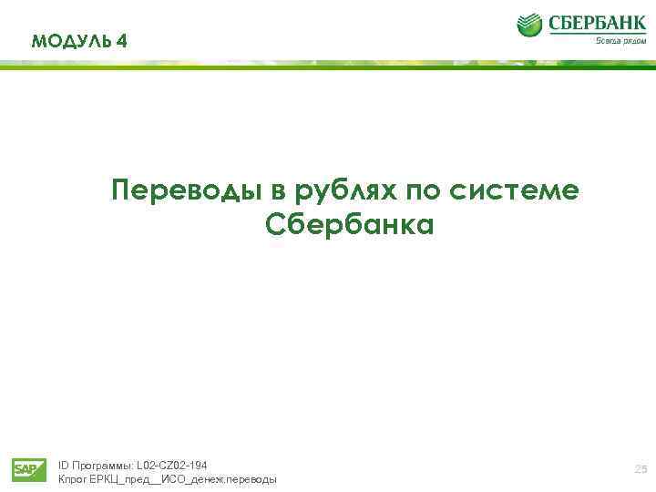 МОДУЛЬ 4 Переводы в рублях по системе Сбербанка ID Программы: L 02 -CZ 02