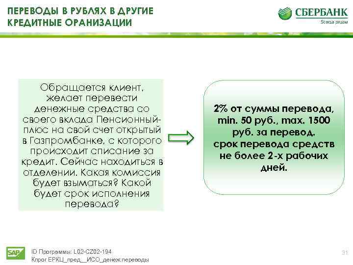 ПЕРЕВОДЫ В РУБЛЯХ В ДРУГИЕ КРЕДИТНЫЕ ОРАНИЗАЦИИ Обращается клиент, желает перевести денежные средства со