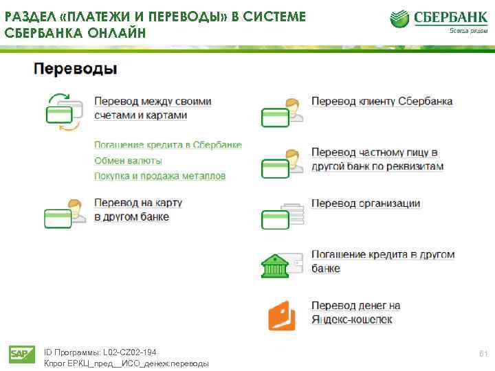 РАЗДЕЛ «ПЛАТЕЖИ И ПЕРЕВОДЫ» В СИСТЕМЕ СБЕРБАНКА ОНЛАЙН ID Программы: L 02 -CZ 02