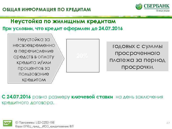 ОБЩАЯ ИНФОРМАЦИЯ ПО КРЕДИТАМ Неустойка по жилищным кредитам При условии, что кредит оформлен до