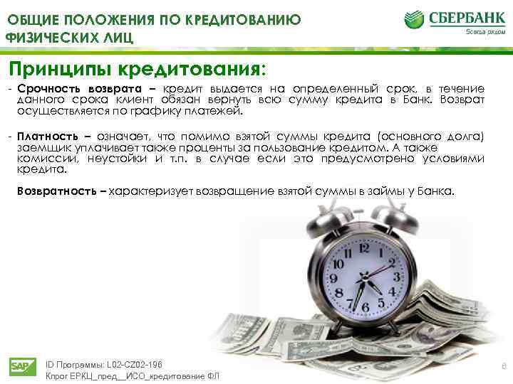 ОБЩИЕ ПОЛОЖЕНИЯ ПО КРЕДИТОВАНИЮ ФИЗИЧЕСКИХ ЛИЦ Принципы кредитования: - Срочность возврата – кредит выдается
