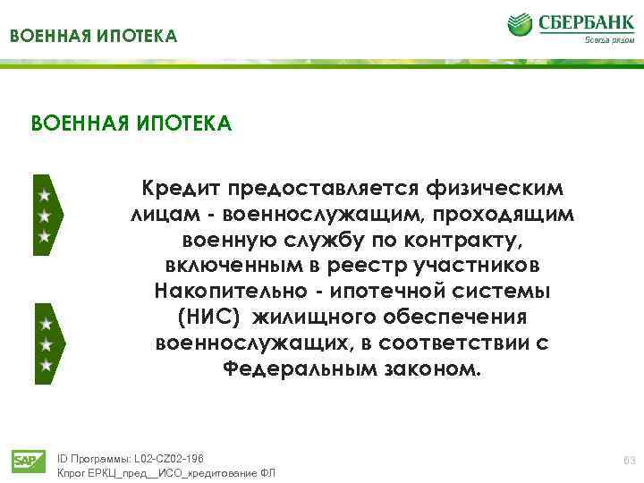 ВОЕННАЯ ИПОТЕКА Кредит предоставляется физическим лицам - военнослужащим, проходящим военную службу по контракту, включенным
