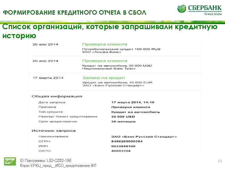 ФОРМИРОВАНИЕ КРЕДИТНОГО ОТЧЕТА В СБОЛ Список организаций, которые запрашивали кредитную историю ID Программы: L