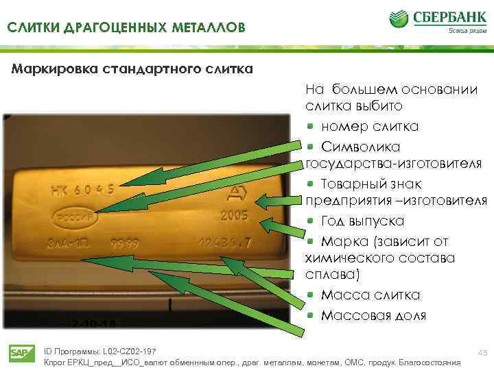 СЛИТКИ ДРАГОЦЕННЫХ МЕТАЛЛОВ Маркировка стандартного слитка На большем основании слитка выбито номер слитка Символика
