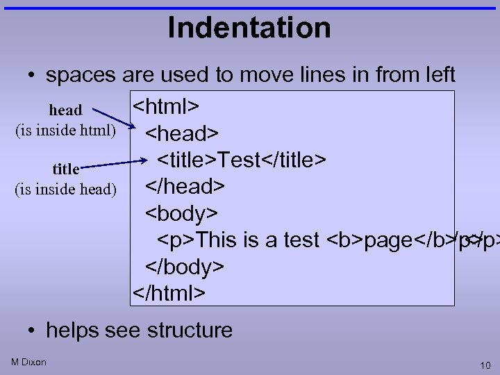 Indentation • spaces are used to move lines in from left <html> head (is