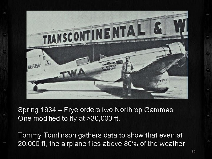 Spring 1934 – Frye orders two Northrop Gammas One modified to fly at >30,