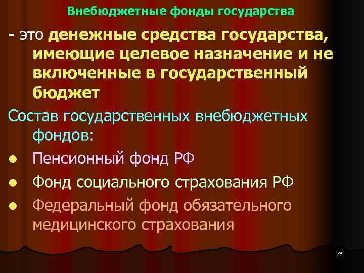 Внебюджетные фонды государства - это денежные средства государства, имеющие целевое назначение и не включенные