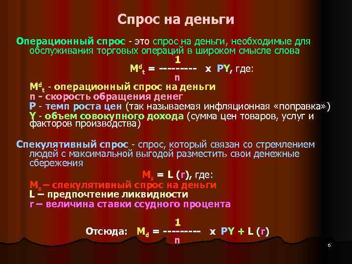 Спрос на деньги Операционный спрос - это спрос на деньги, необходимые для обслуживания торговых