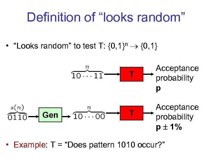 Definition of “looks random” • “Looks random” to test T: {0, 1}n ® {0,