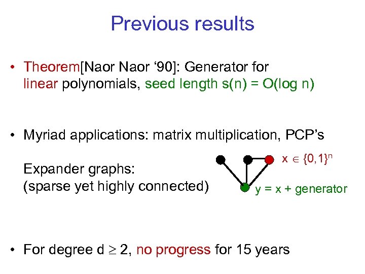 Previous results • Theorem[Naor ‘ 90]: Generator for linear polynomials, seed length s(n) =