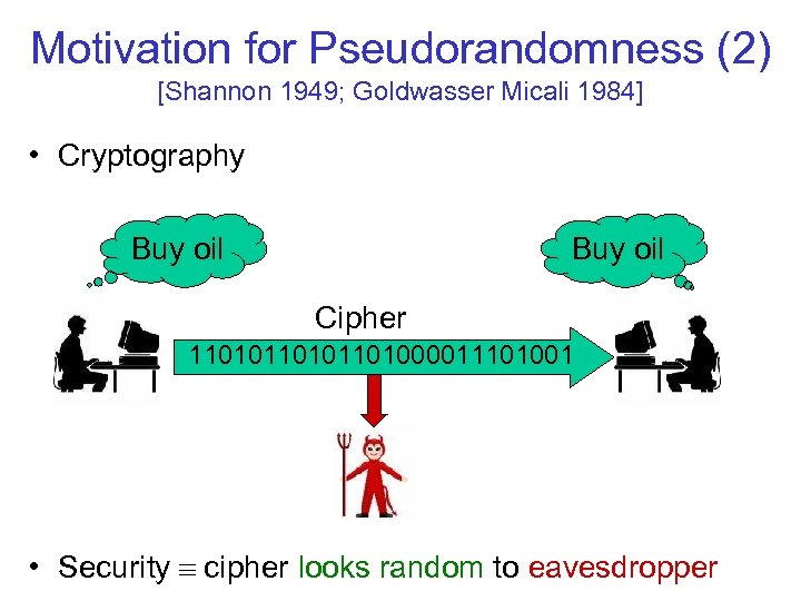 Motivation for Pseudorandomness (2) [Shannon 1949; Goldwasser Micali 1984] • Cryptography Buy oil Cipher