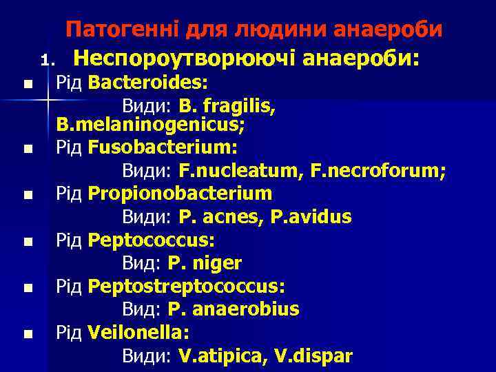 1. n n n Патогенні для людини анаероби Неспороутворюючі анаероби: Рід Bacteroides: Види: B.