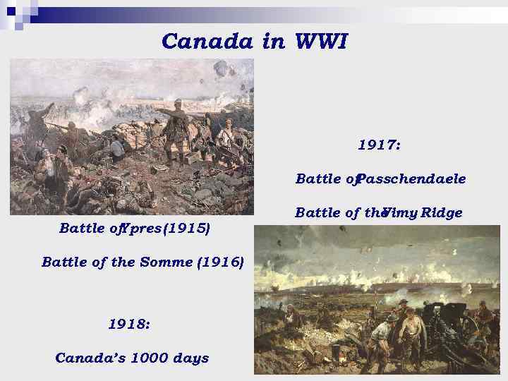 Canada in WWI 1917: Battle of Passchendaele Battle of Ypres (1915) Battle of the