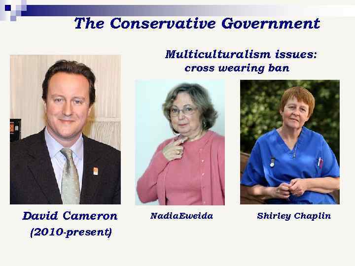 The Conservative Government Multiculturalism issues: cross wearing ban David Cameron (2010 -present) Nadia. Eweida