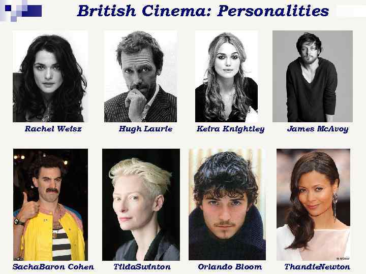 British Cinema: Personalities Rachel Weisz Sacha. Baron Cohen Hugh Laurie Tilda. Swinton Keira Knightley