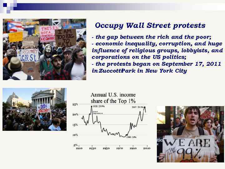 Occupy Wall Street protests - the gap between the rich and the poor; -